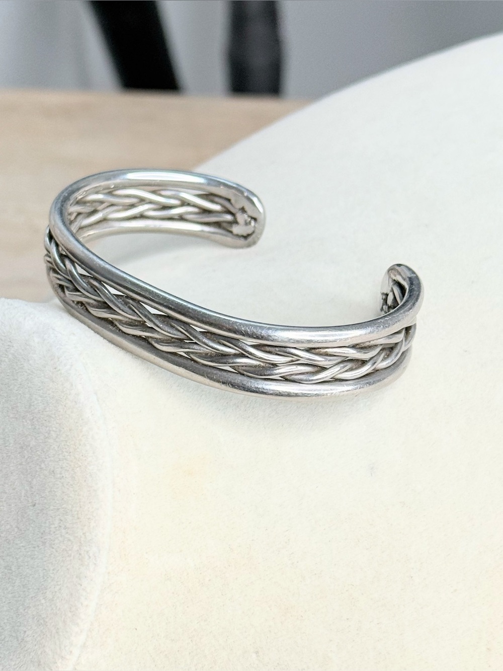 Silver Tone Braided Woven Wire Cuff Bracelet Open Boho Artisan 3” Wide